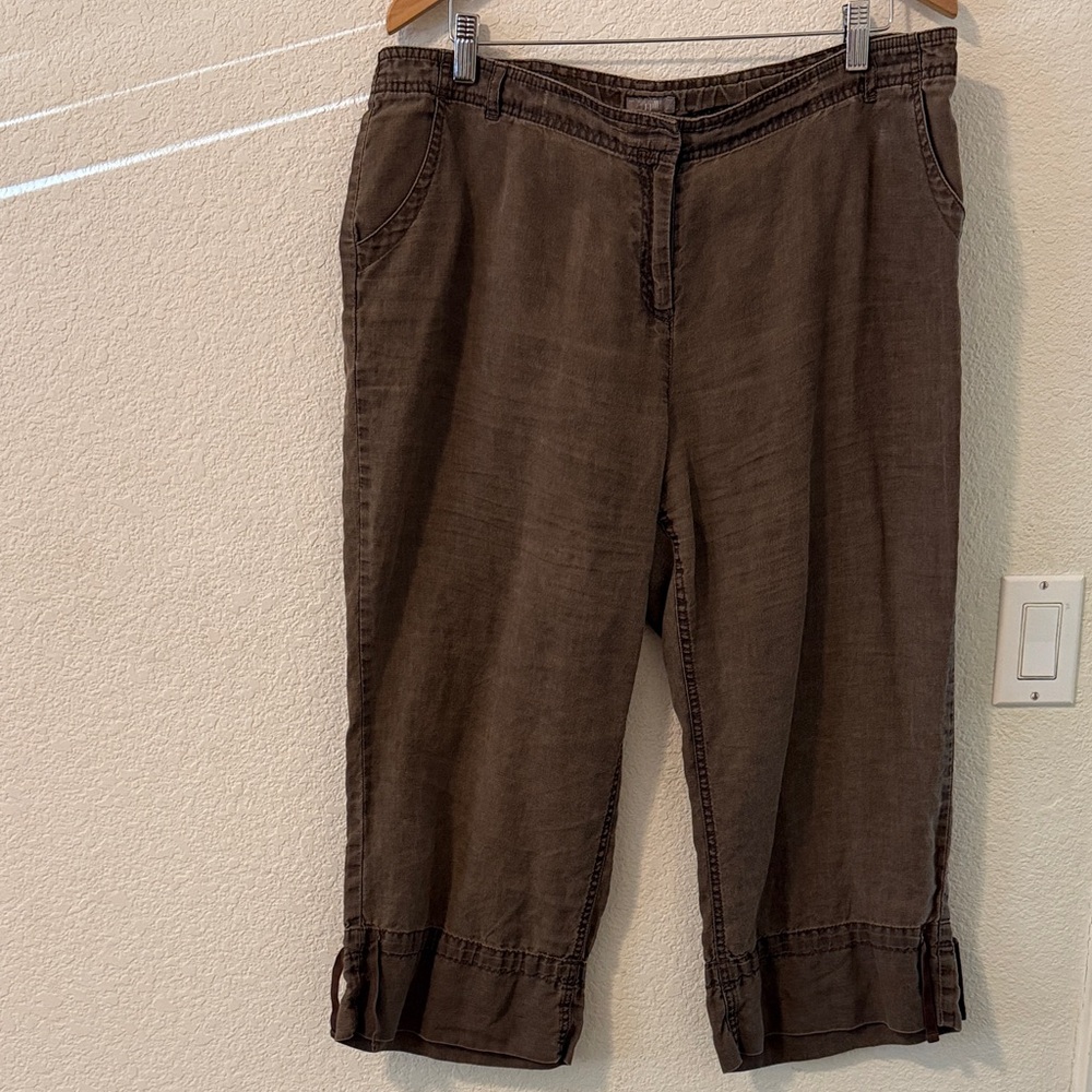 J.Jill 100% Linen Button/Zip Front Crop Pants, size 14, Chocolate Brown